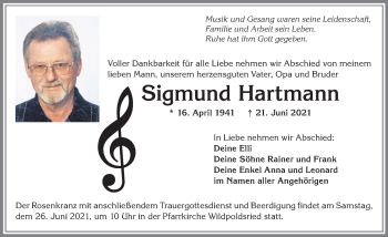 Traueranzeige von Sigmund Hartmann von Allgäuer Zeitung,Kempten