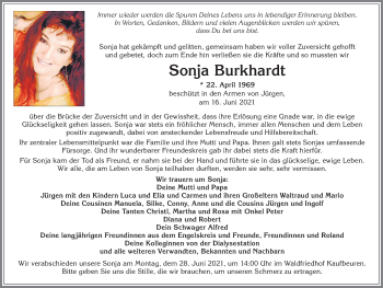 Traueranzeige von Sonja Burkhardt von Allgäuer Zeitung, Kaufbeuren/Buchloe