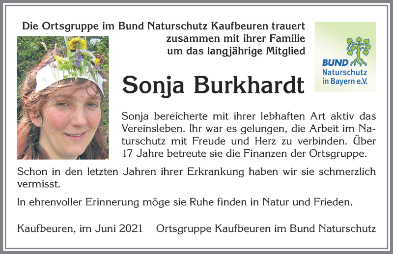  Traueranzeige für Sonja Burkhardt vom 26.06.2021 aus Allgäuer Zeitung, Kaufbeuren/Buchloe