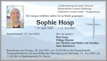 Traueranzeige von Sophie Hosp von Allgäuer Zeitung, Marktoberdorf
