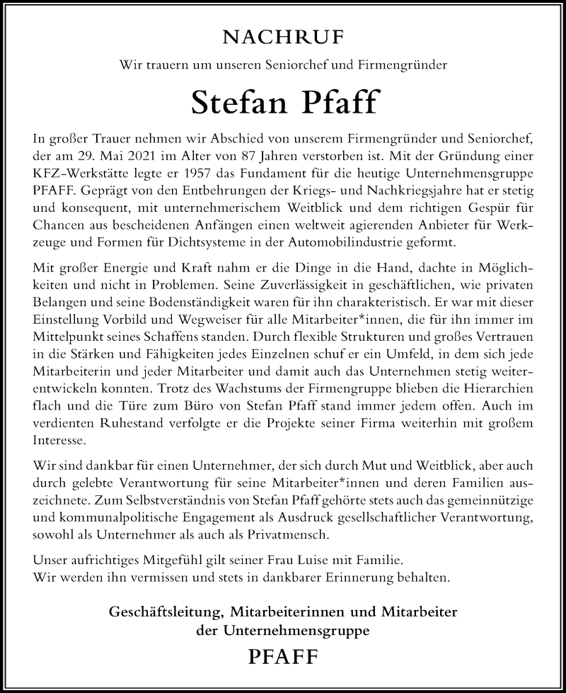  Traueranzeige für Stefan Pfaff vom 05.06.2021 aus Der Westallgäuer