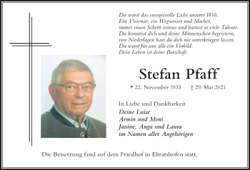 Traueranzeige von Stefan Pfaff von Der Westallgäuer
