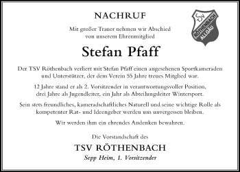 Traueranzeige von Stefan Pfaff von Der Westallgäuer