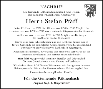 Traueranzeige von Stefan Pfaff von Der Westallgäuer