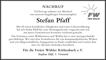 Traueranzeige von Stefan Pfaff von Der Westallgäuer