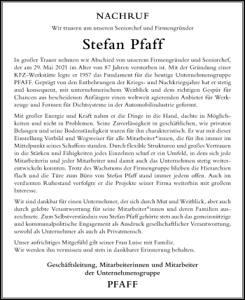 Traueranzeige von Stefan Pfaff von Der Westallgäuer