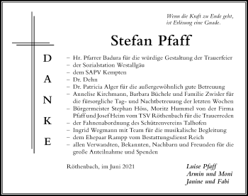 Traueranzeige von Stefan Pfaff von Der Westallgäuer