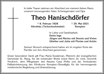 Traueranzeige von Theo Hanischdörfer von Allgäuer Zeitung,Kempten