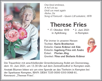 Traueranzeige von Therese Fries von Allgäuer Zeitung,Kempten