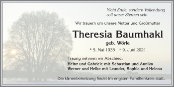 Traueranzeige von Theresia Baumhakl von Allgäuer Zeitung, Kaufbeuren/Buchloe
