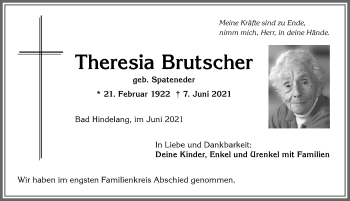 Traueranzeige von Theresia Brutscher von Allgäuer Anzeigeblatt