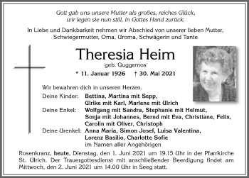 Traueranzeige von Theresia Heim von Allgäuer Zeitung, Füssen