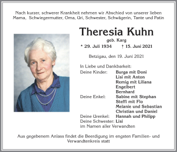Traueranzeige von Theresia Kuhn von Allgäuer Zeitung,Kempten