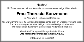 Traueranzeige von Theresia Kunzmann von Memminger Zeitung