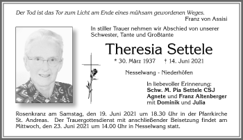 Traueranzeige von Theresia Settele von Allgäuer Zeitung, Füssen