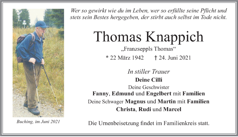  Traueranzeige für Thomas Knappich vom 29.06.2021 aus Allgäuer Zeitung, Füssen