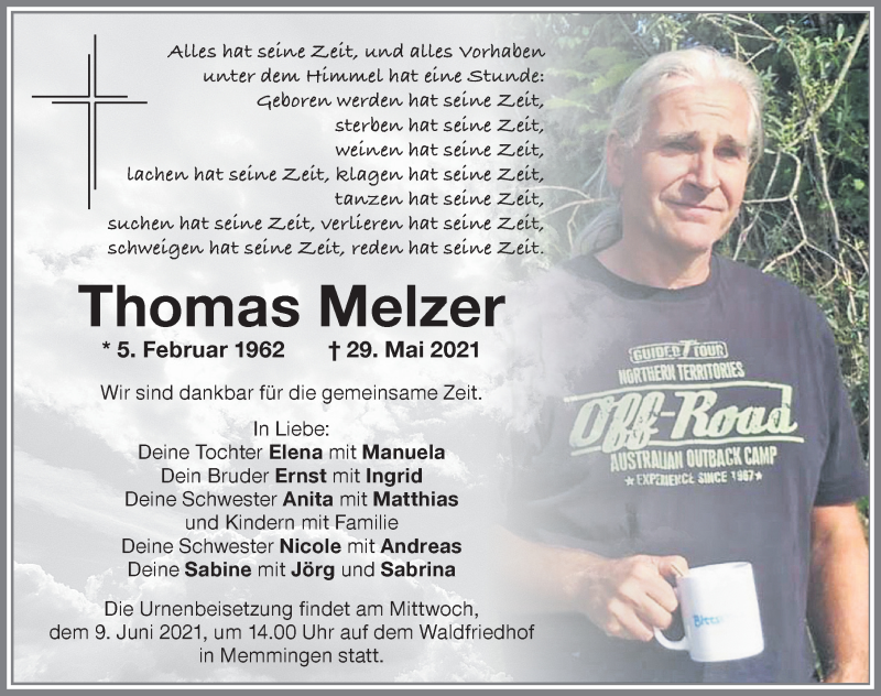  Traueranzeige für Thomas Melzer vom 08.06.2021 aus Memminger Zeitung