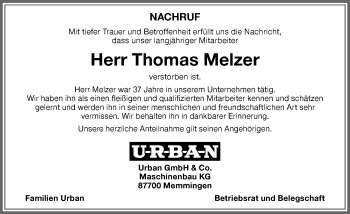 Traueranzeige von Thomas Melzer von Memminger Zeitung