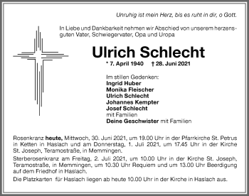 Traueranzeige von Ulrich Schlecht von Memminger Zeitung