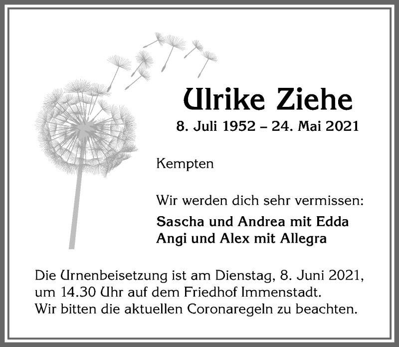  Traueranzeige für Ulrike Ziehe vom 05.06.2021 aus Allgäuer Anzeigeblatt