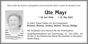Traueranzeige von Ute Mayr von Allgäuer Zeitung,Kempten