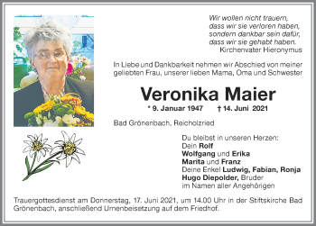 Traueranzeige von Veronika Maier von Memminger Zeitung