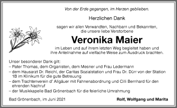 Traueranzeige von Veronika Maier von Memminger Zeitung