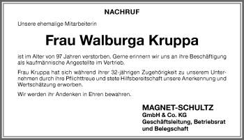 Traueranzeige von Walburga Kruppa von Memminger Zeitung