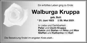Traueranzeige von Walburga Kruppa von Memminger Zeitung