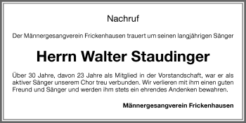 Traueranzeige von Walter Staudinger von Memminger Zeitung