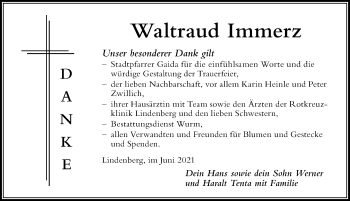 Traueranzeige von Waltraud Immerz von Der Westallgäuer