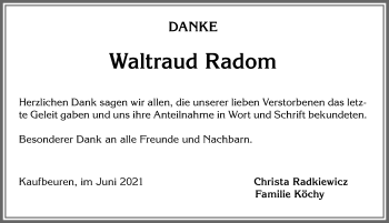 Traueranzeige von Waltraud Radom von Allgäuer Zeitung, Kaufbeuren/Buchloe