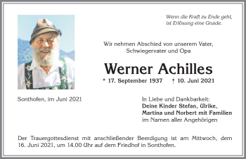 Traueranzeige von Werner Achilles von Allgäuer Anzeigeblatt