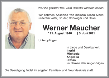 Traueranzeige von Werner Maucher von Memminger Zeitung