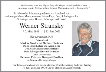 Traueranzeige von Werner Stransky von Allgäuer Zeitung, Marktoberdorf