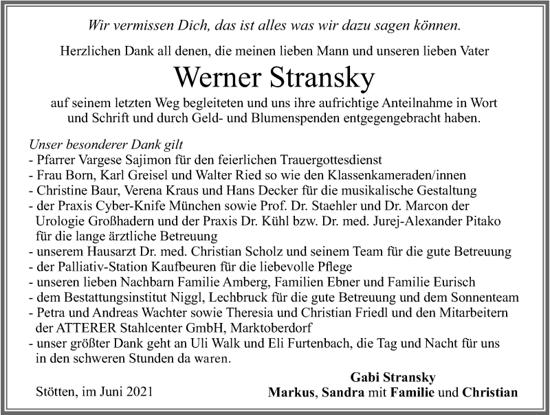  Traueranzeige für Werner Stransky vom 26.06.2021 aus Allgäuer Zeitung, Marktoberdorf