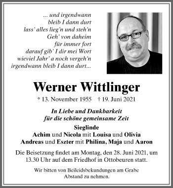 Traueranzeige von Werner Wittlinger von Memminger Zeitung