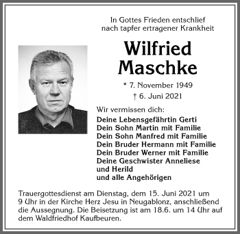 Traueranzeige von Wilfried Maschke von Allgäuer Zeitung, Kaufbeuren/Buchloe