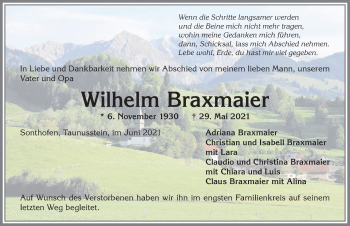Traueranzeige von Wilhelm Braxmaier von Allgäuer Anzeigeblatt