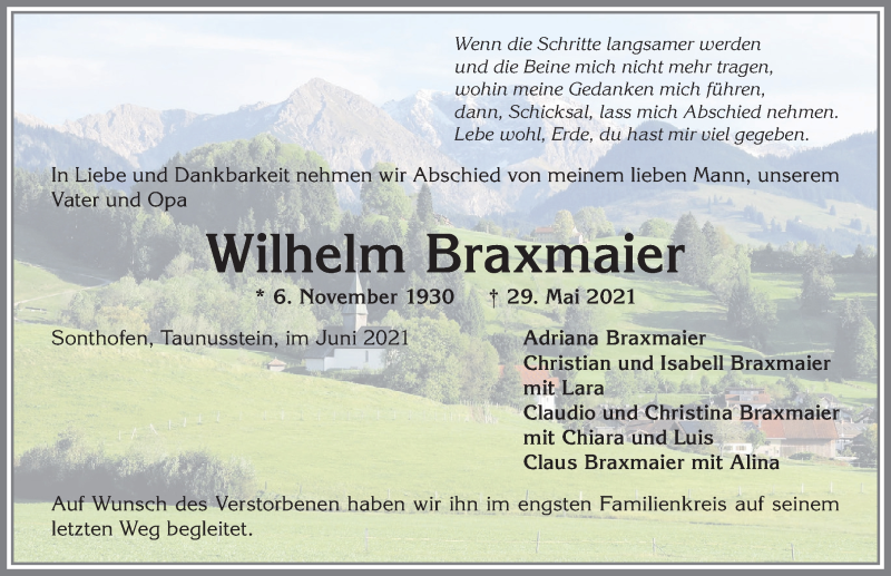  Traueranzeige für Wilhelm Braxmaier vom 12.06.2021 aus Allgäuer Anzeigeblatt