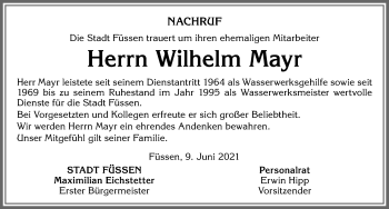 Traueranzeige von Wilhelm Mayr von Allgäuer Zeitung, Füssen