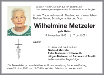 Traueranzeige von Wilhelmine Metzeler von Memminger Zeitung
