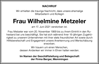 Traueranzeige von Wilhelmine Metzeler von Memminger Zeitung