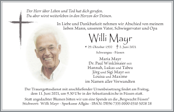 Traueranzeige von Willi Mayr von Allgäuer Zeitung, Füssen