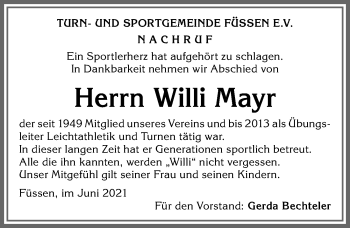 Traueranzeige von Willi Mayr von Allgäuer Zeitung, Füssen