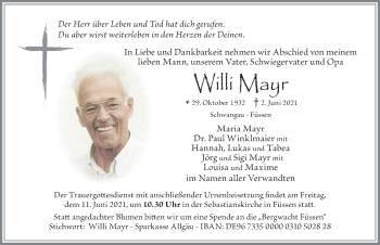 Traueranzeige von Willi Mayr von Allgäuer Zeitung, Füssen