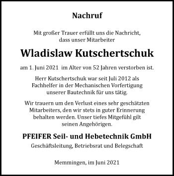 Traueranzeige von Wladislaw Kutschertschuk von Memminger Zeitung