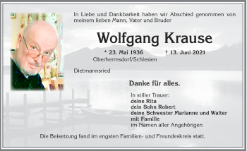 Traueranzeige von Wolfgang Krause von Allgäuer Zeitung,Kempten
