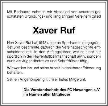 Traueranzeige von Xaver Ruf von Memminger Zeitung