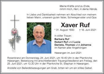 Traueranzeige von Xaver Ruf von Memminger Zeitung